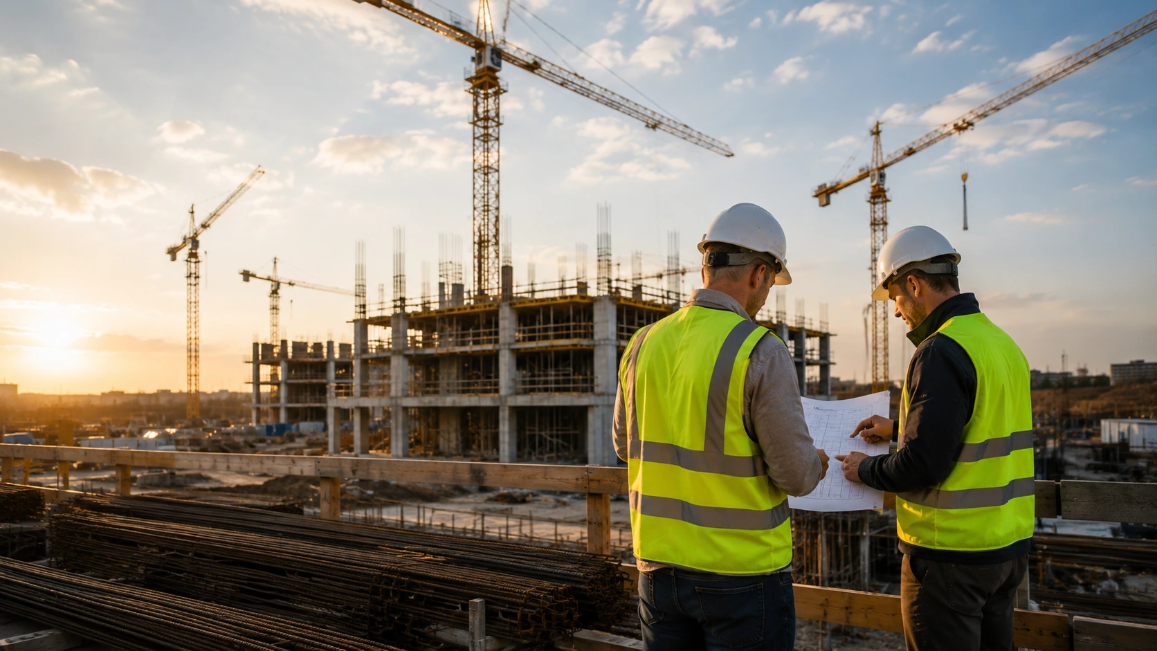 Construction managers reviewing plans on an active building site.