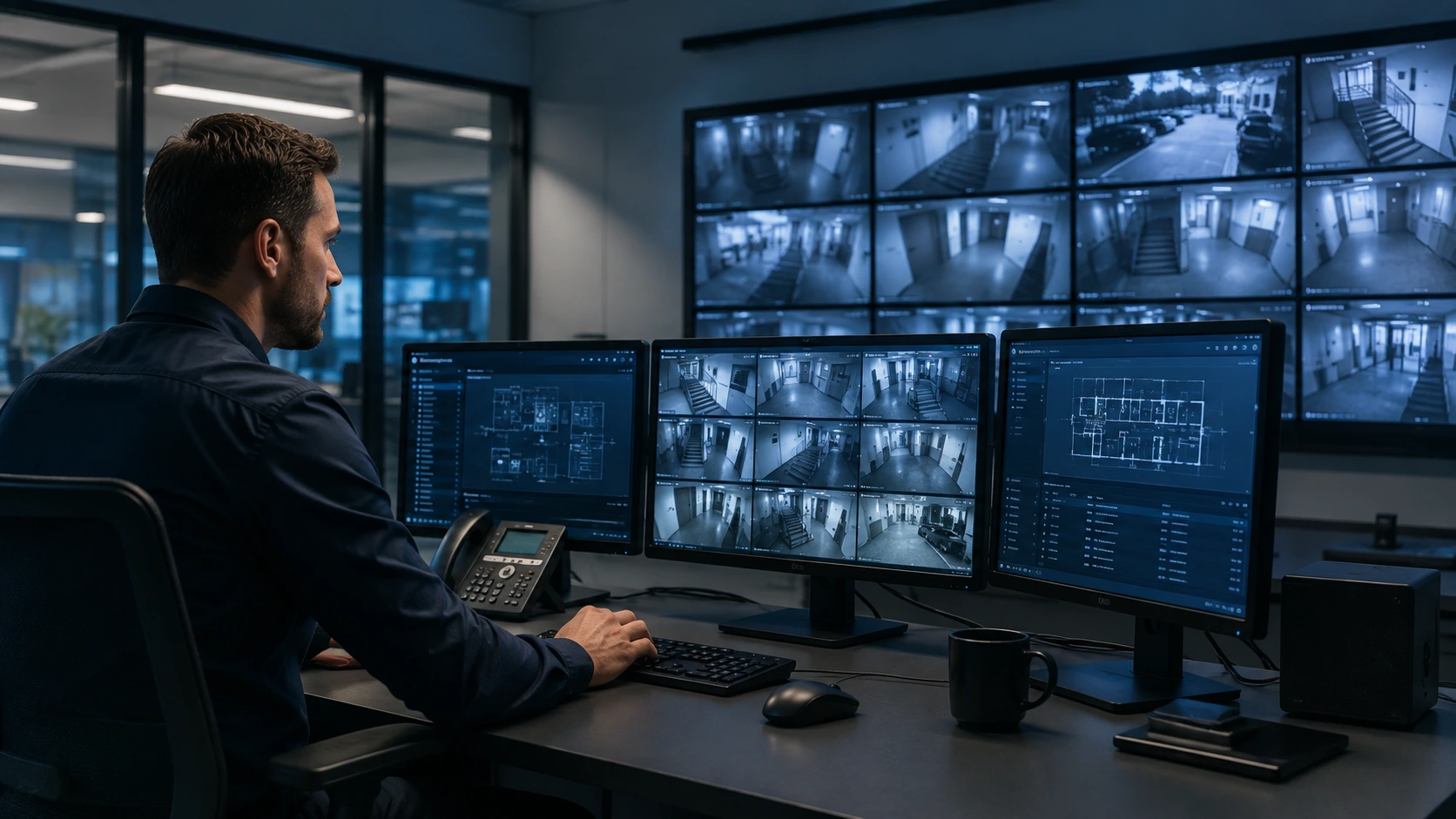 Security professional monitoring electronic systems and site activity.
