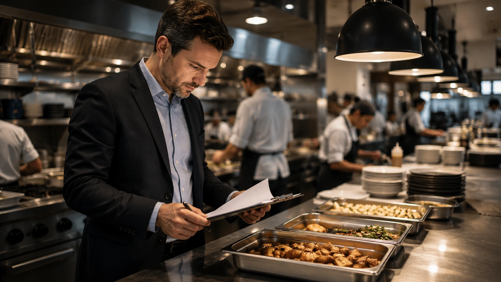 Hospitality team working in a commercial foodservice setting.