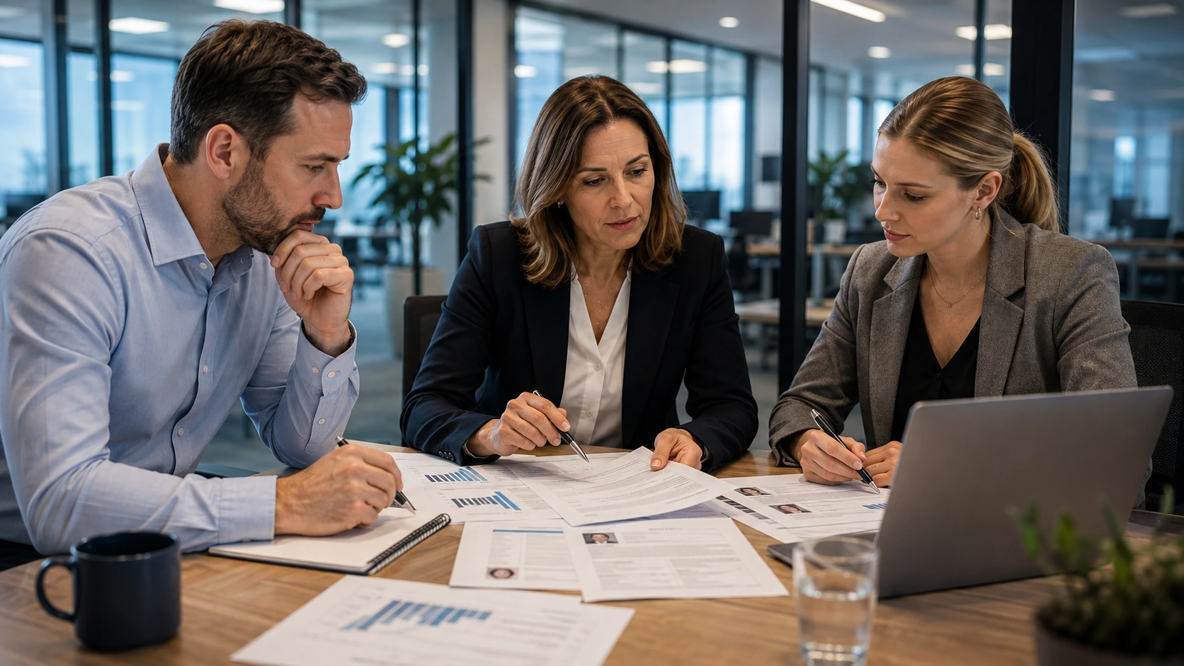 Professionals reviewing recruitment and corporate service records.