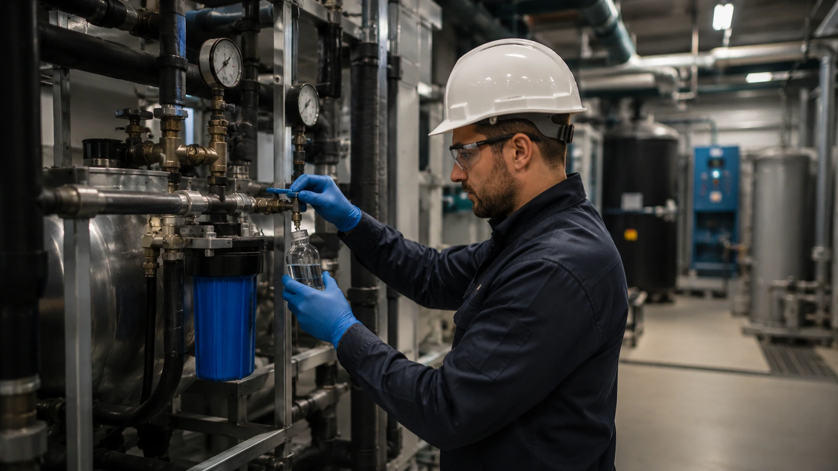 Engineer inspecting water hygiene equipment and pipework.