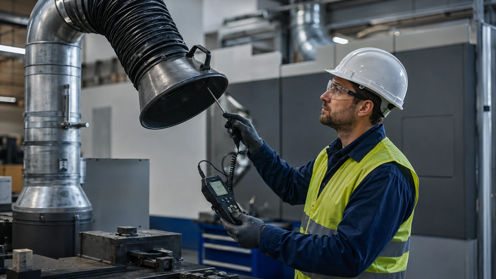 Engineer inspecting local exhaust ventilation equipment.