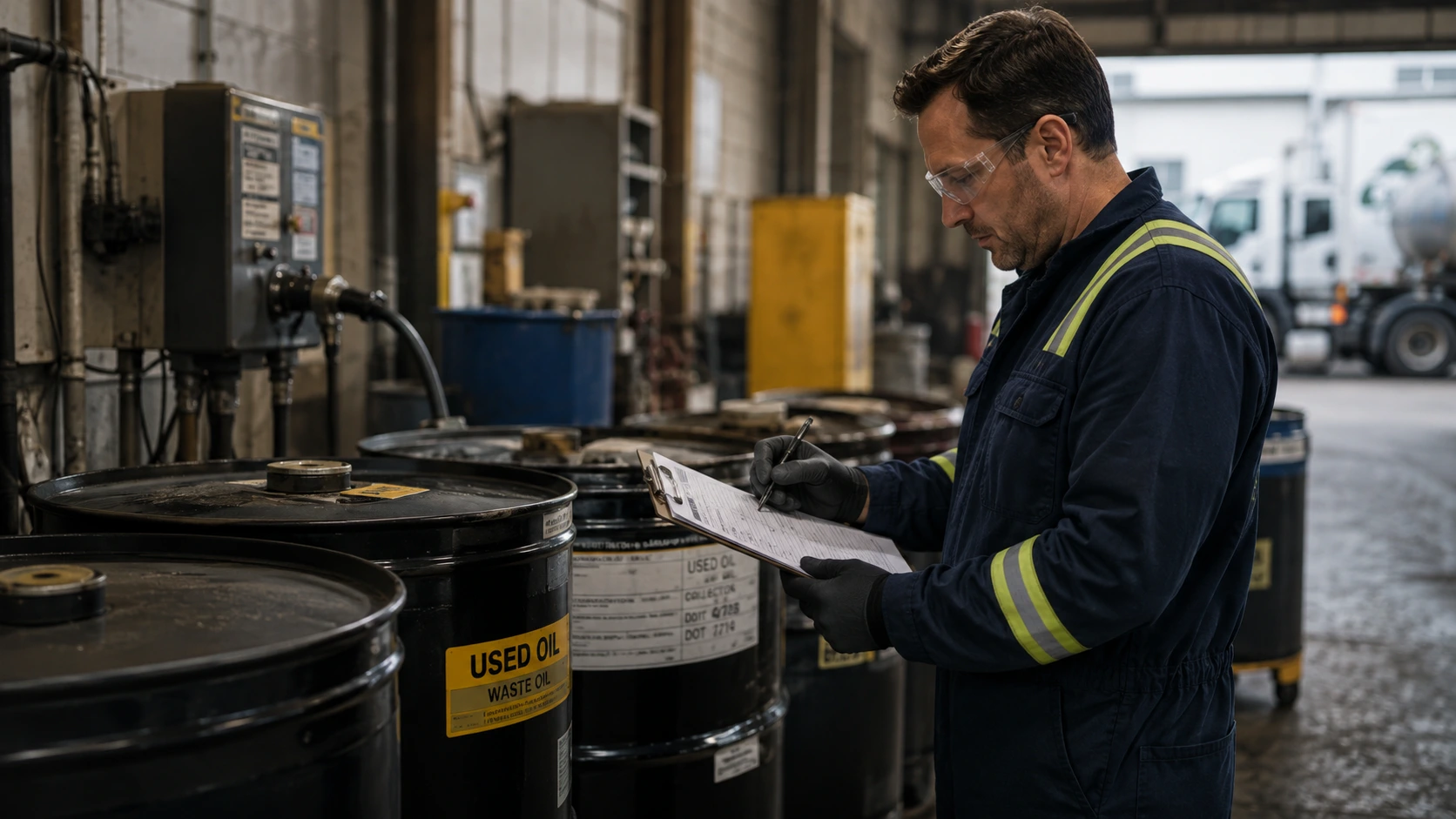 Used oil containers and records prepared for reconciliation.
