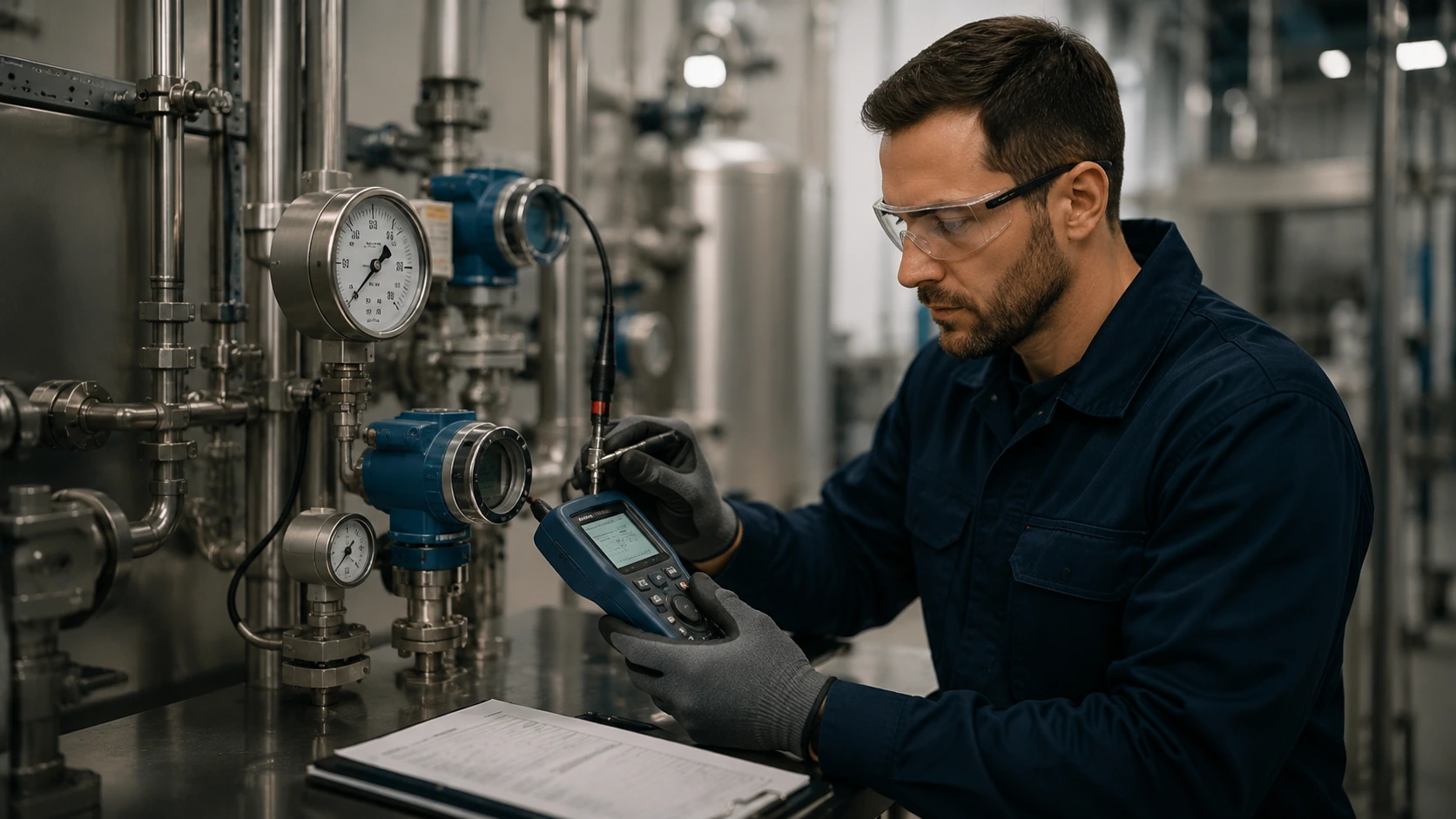 Industrial calibration equipment being inspected.